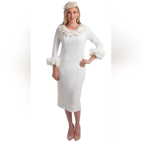 Lily & Taylor White Style 4375 Ponte Knit Shift Dress With Ruffles Size 4 -  threedaughtersproperties.com